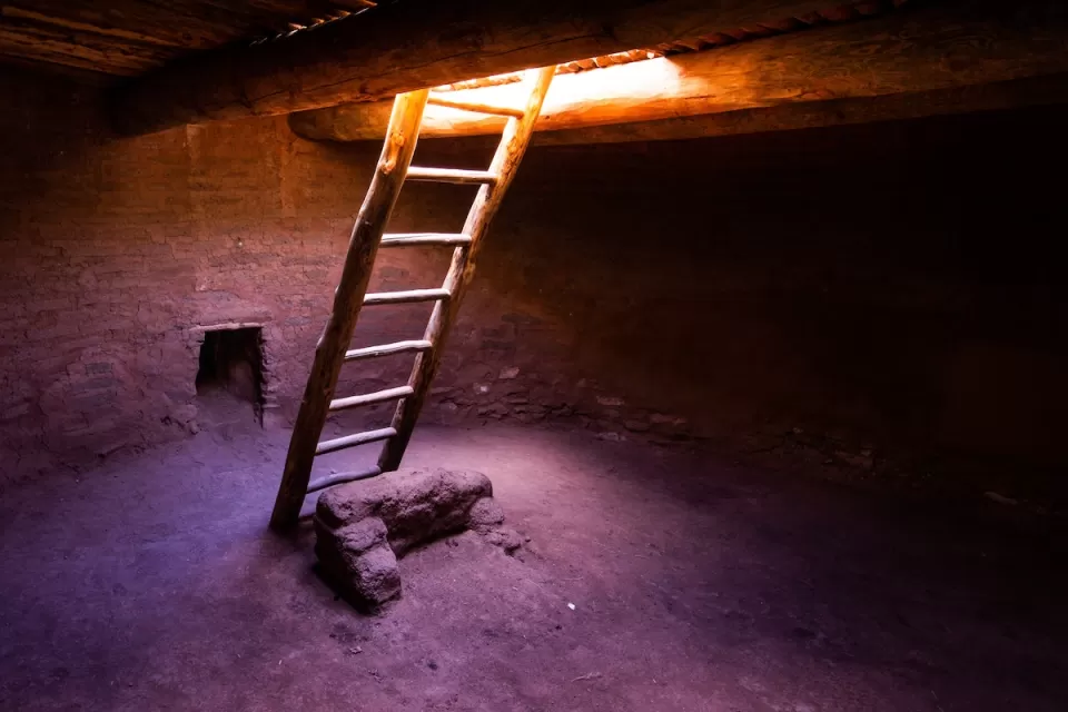 Ladder going down into kiva ruin in New Mexico.